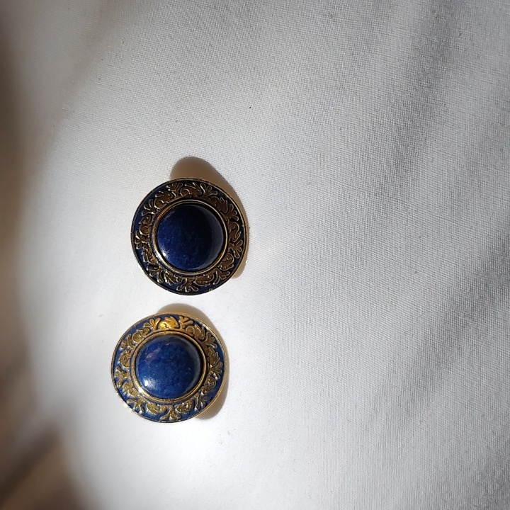 Mfa Museum Of Fine Arts Boston Signed Clip-On Earrings Gold Tone Blue Enamel